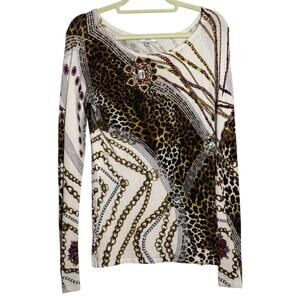 CACHE Y2K Leopard Print Chain Rhinestone Embellished Lightweight Sweater, Size S
